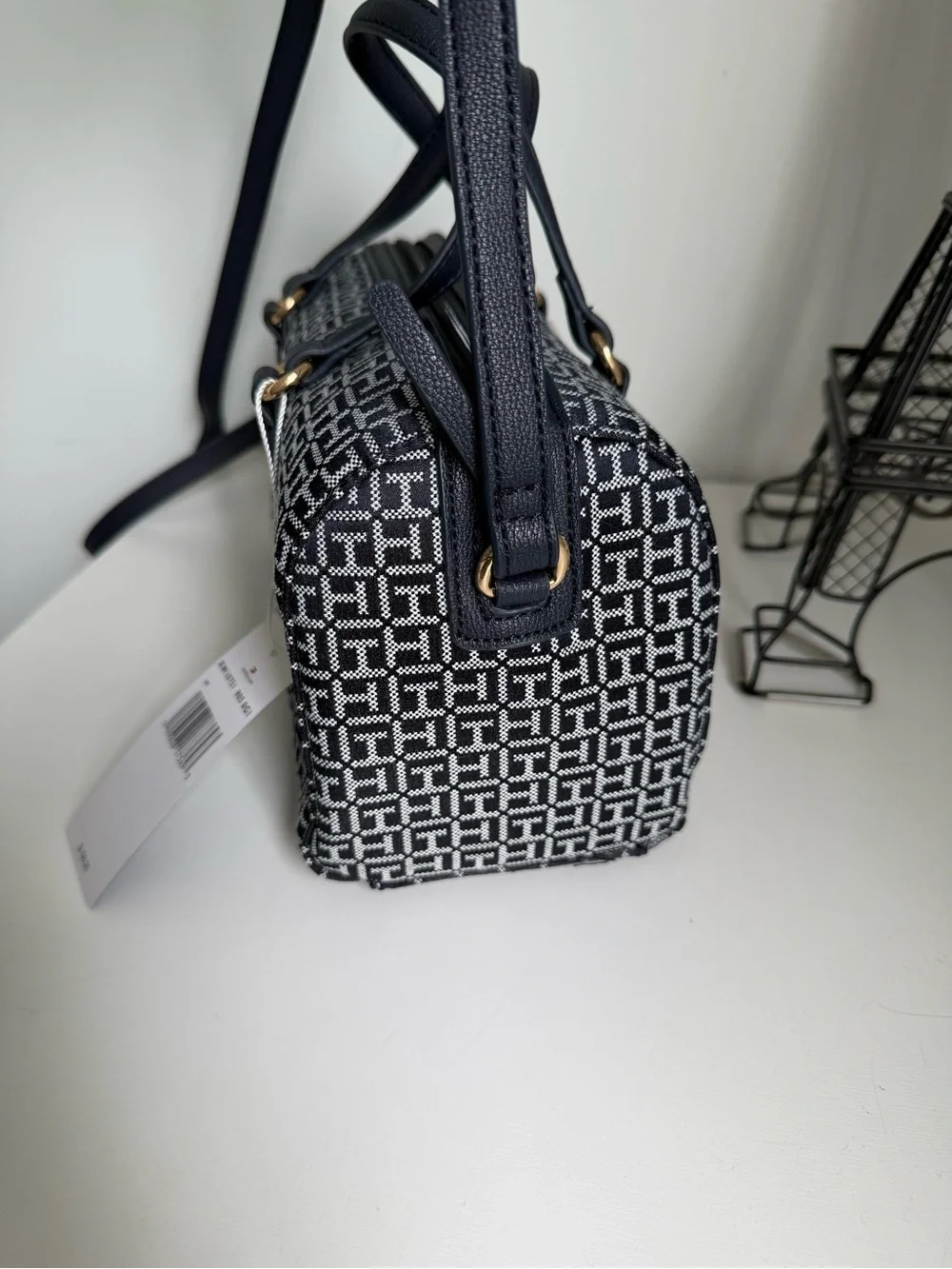 Tommy Hilfiger Dark Blue Patterned Satchel with Red and White Stripe